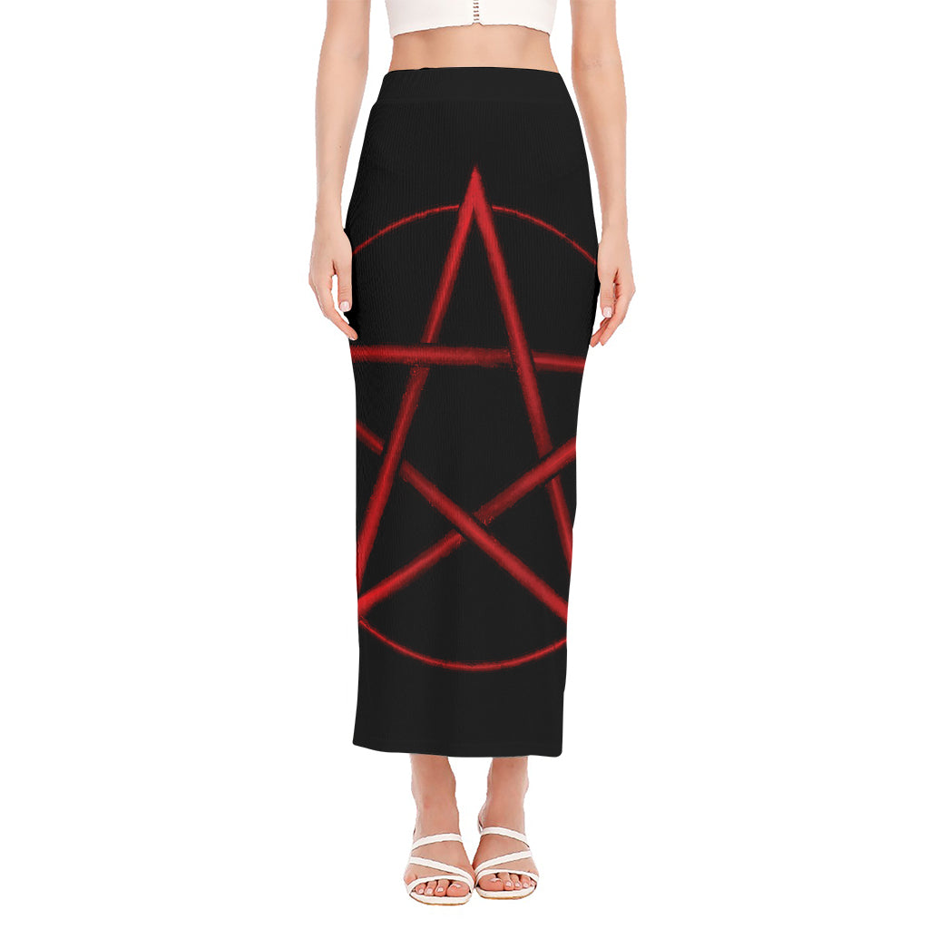 Red Pentagram Symbol Print Side Slit Maxi Skirt