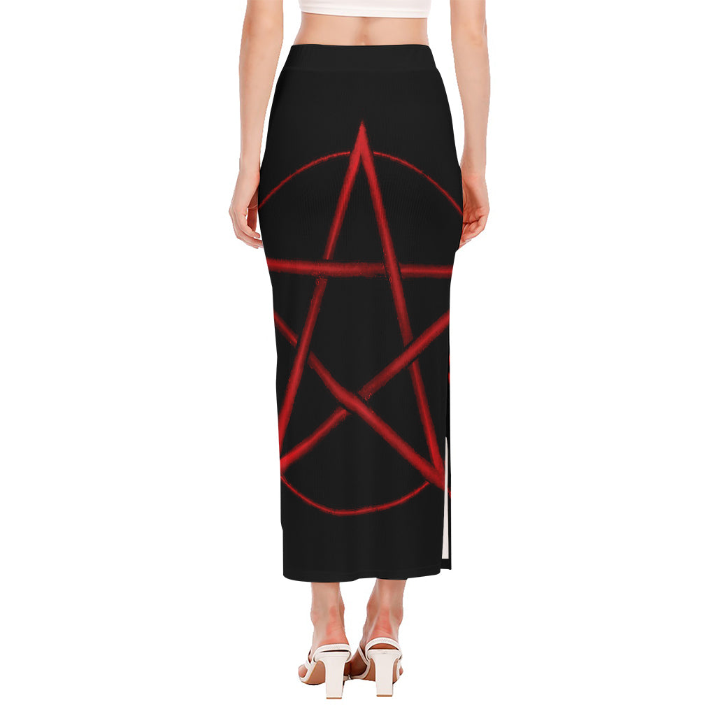 Red Pentagram Symbol Print Side Slit Maxi Skirt