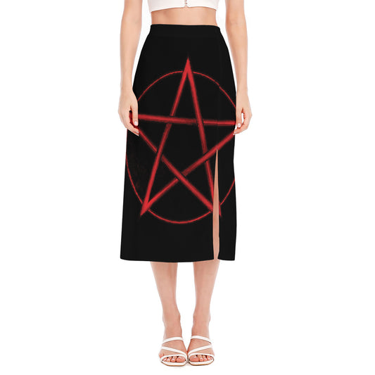 Red Pentagram Symbol Print Side Slit Midi Skirt