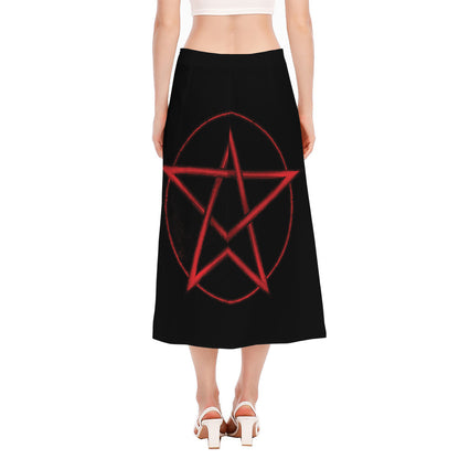 Red Pentagram Symbol Print Side Slit Midi Skirt