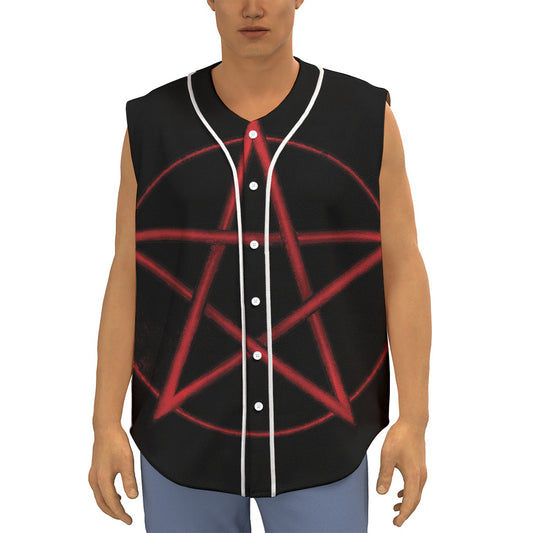 Red Pentagram Symbol Print Sleeveless Baseball Jersey