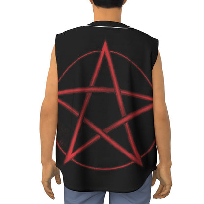 Red Pentagram Symbol Print Sleeveless Baseball Jersey