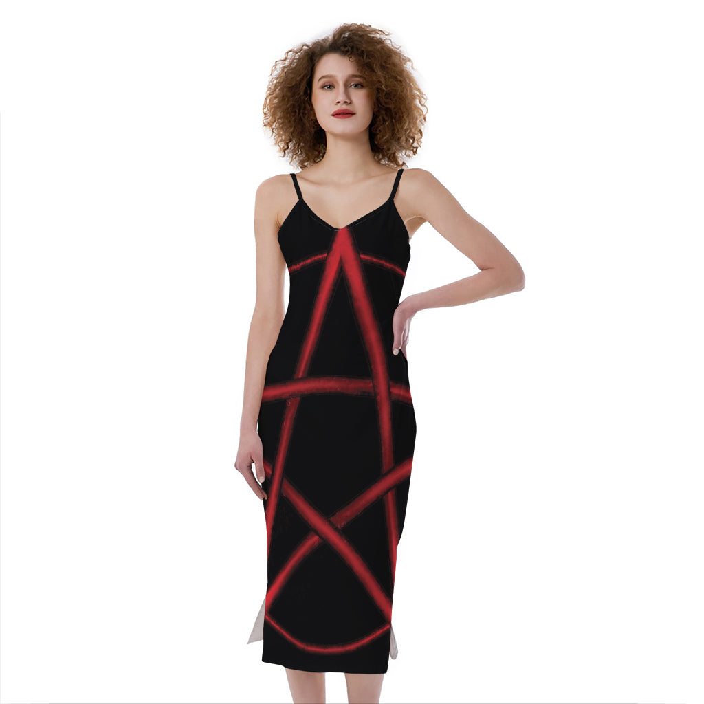 Red Pentagram Symbol Print Slim Fit Midi Cami Dress