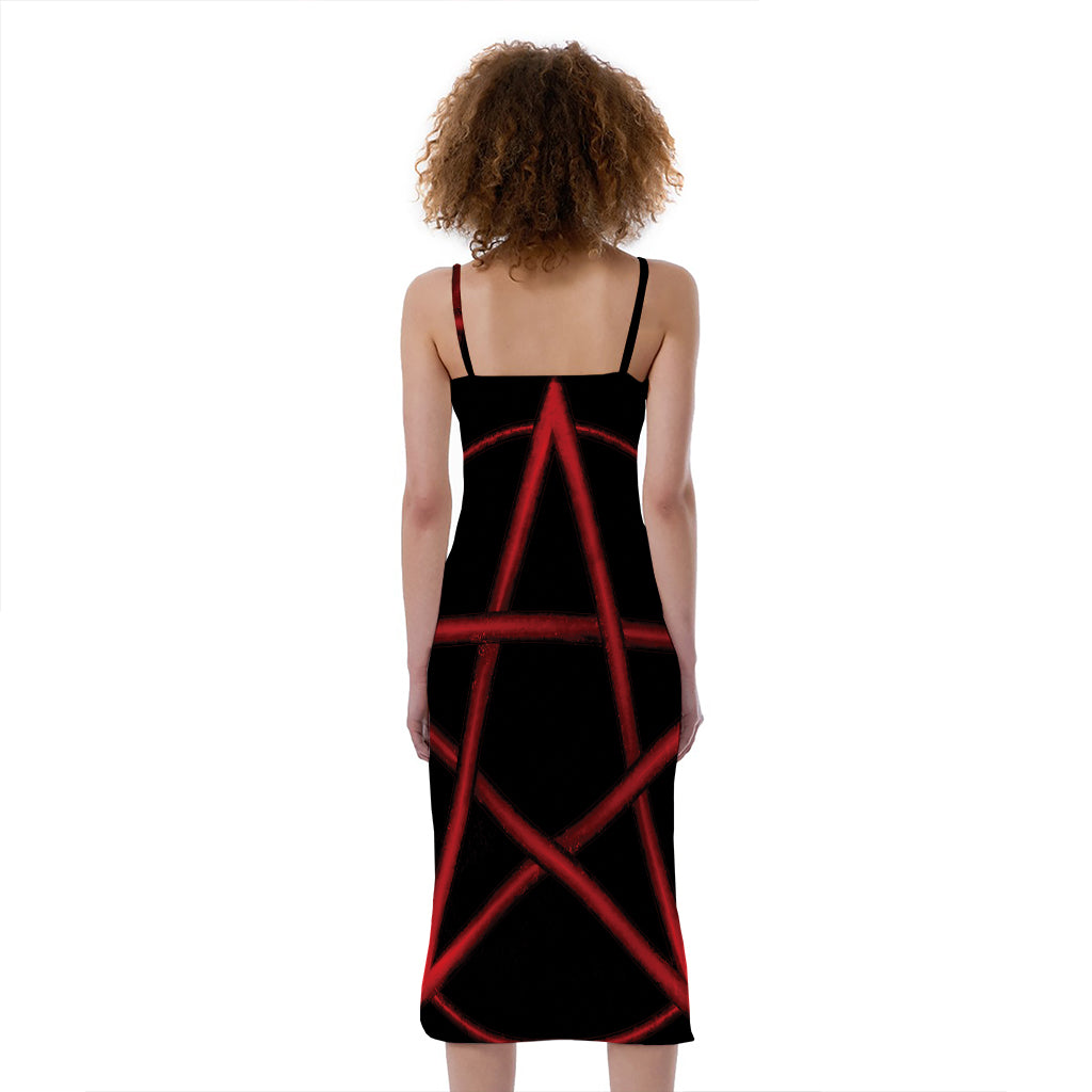 Red Pentagram Symbol Print Slim Fit Midi Cami Dress