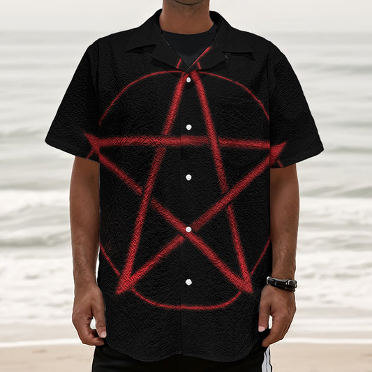 Red Pentagram Symbol Print Textured Short Sleeve Shirt