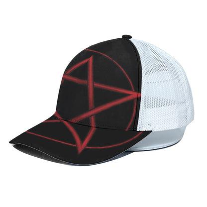 Red Pentagram Symbol Print White Mesh Trucker Cap