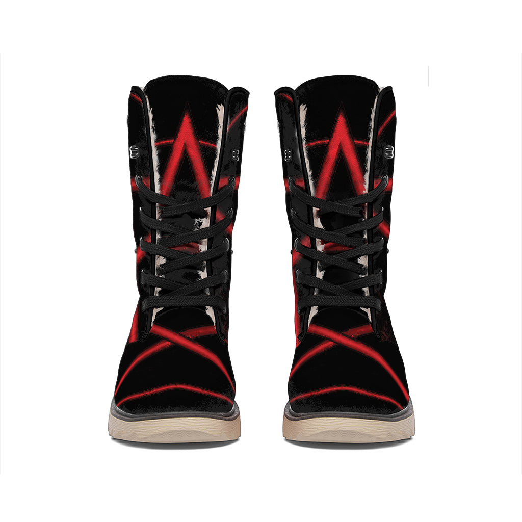 Red Pentagram Symbol Print Winter Boots
