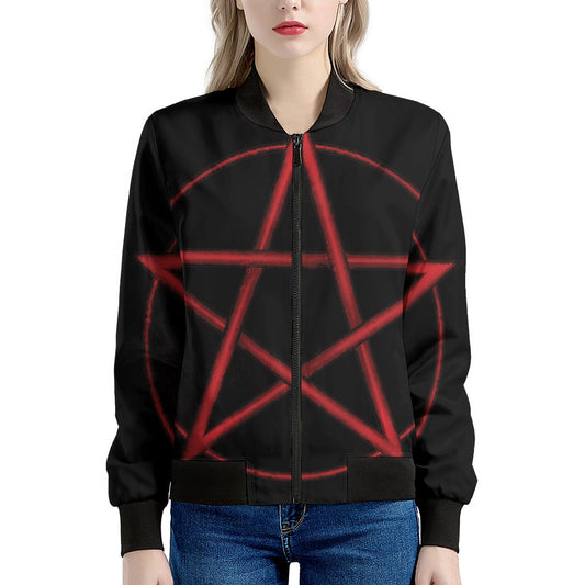 Red Pentagram Symbol Print Women's Bomber Jacket