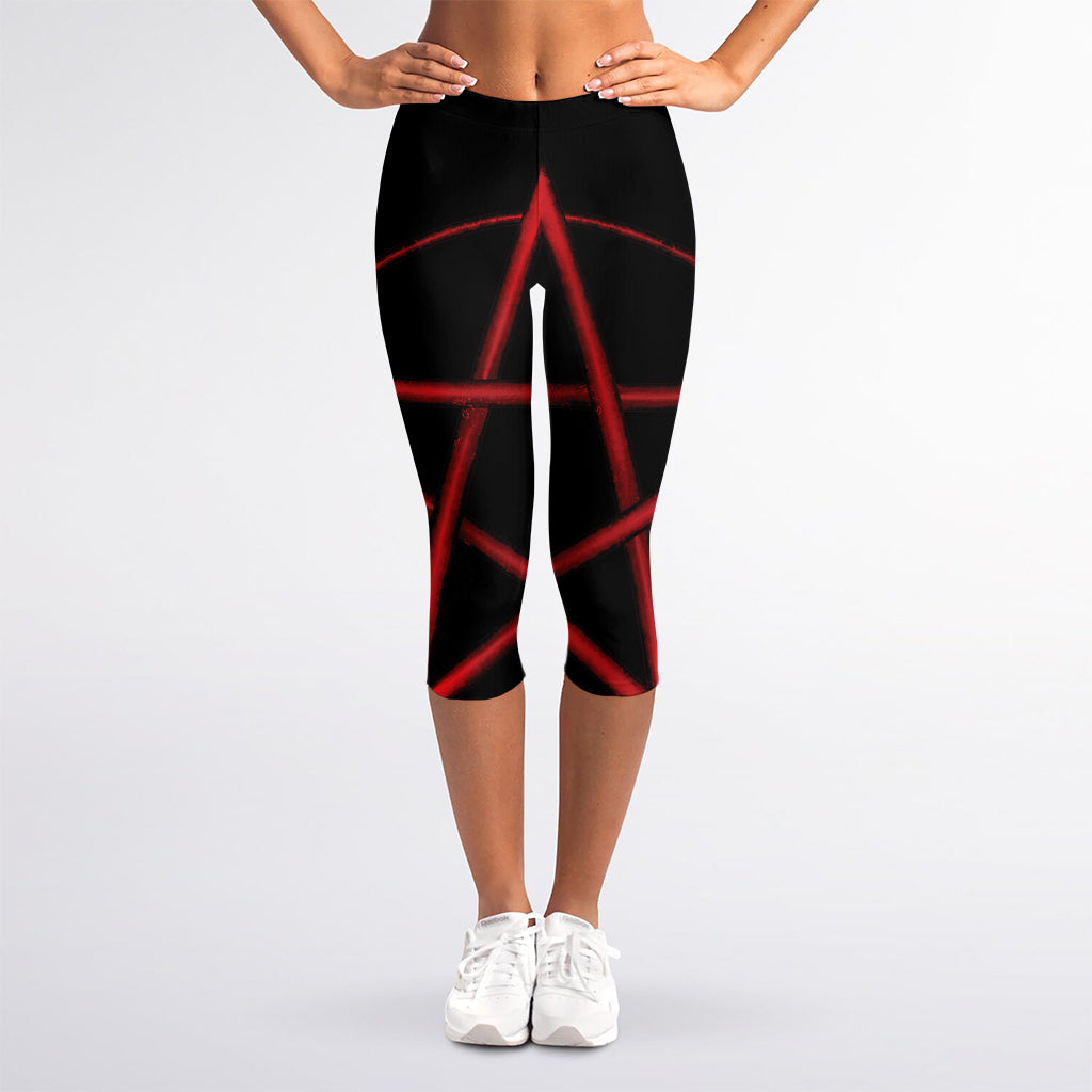 Red Pentagram Symbol Print Women's Capri Leggings