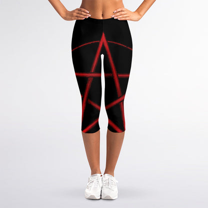 Red Pentagram Symbol Print Women's Capri Leggings