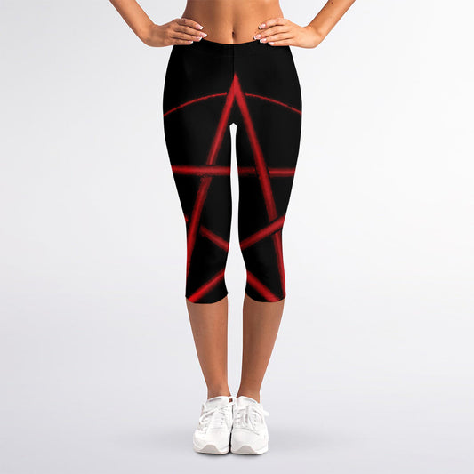 Red Pentagram Symbol Print Women's Capri Leggings