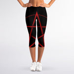 Red Pentagram Symbol Print Women's Capri Leggings