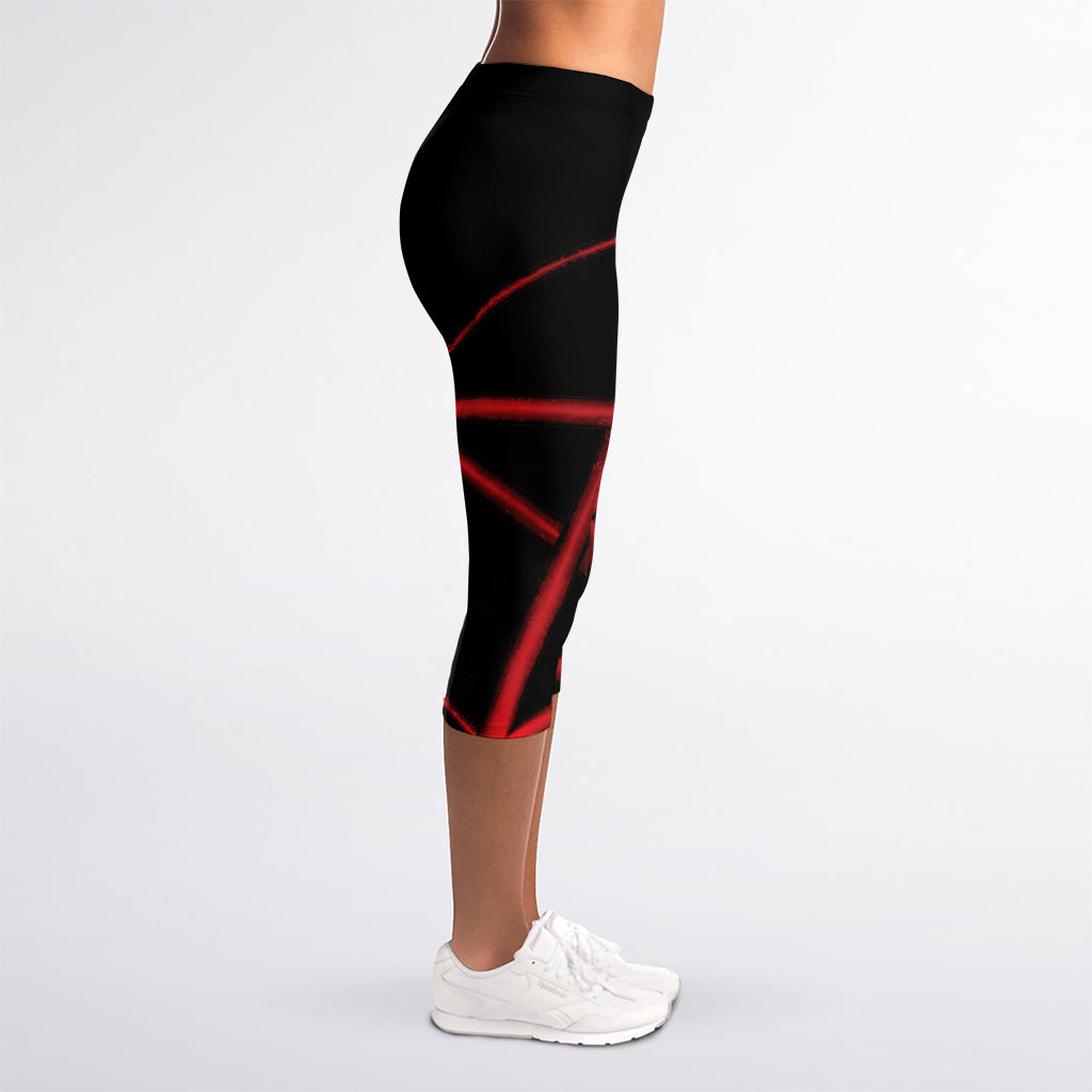 Red Pentagram Symbol Print Women's Capri Leggings