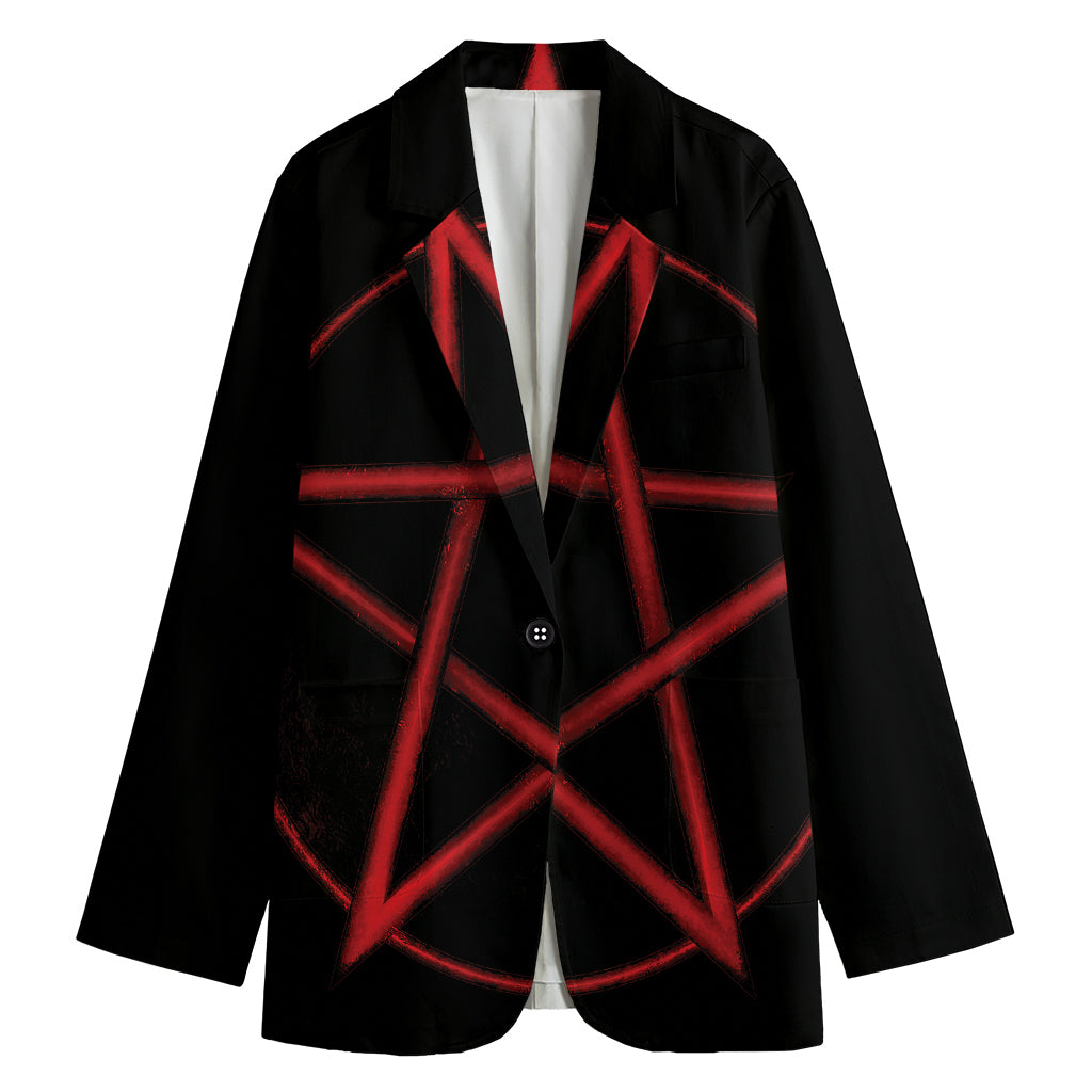 Red Pentagram Symbol Print Women's Cotton Blazer