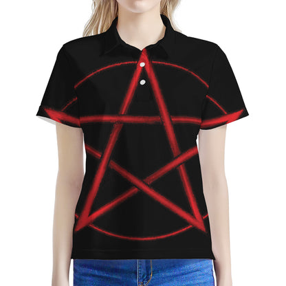 Red Pentagram Symbol Print Women's Polo Shirt