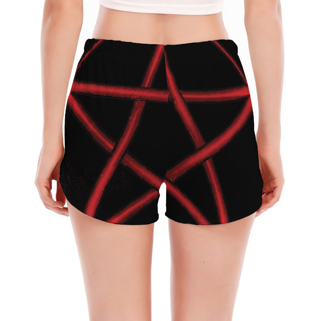 Red Pentagram Symbol Print Women's Split Running Shorts