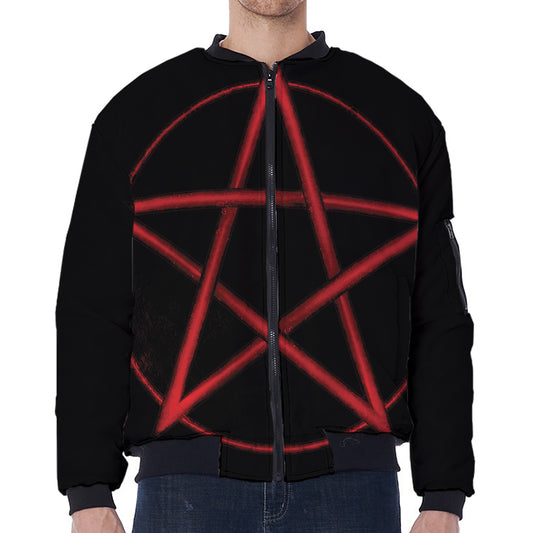 Red Pentagram Symbol Print Zip Sleeve Bomber Jacket