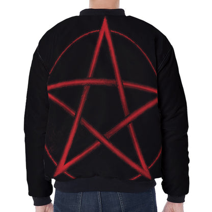 Red Pentagram Symbol Print Zip Sleeve Bomber Jacket