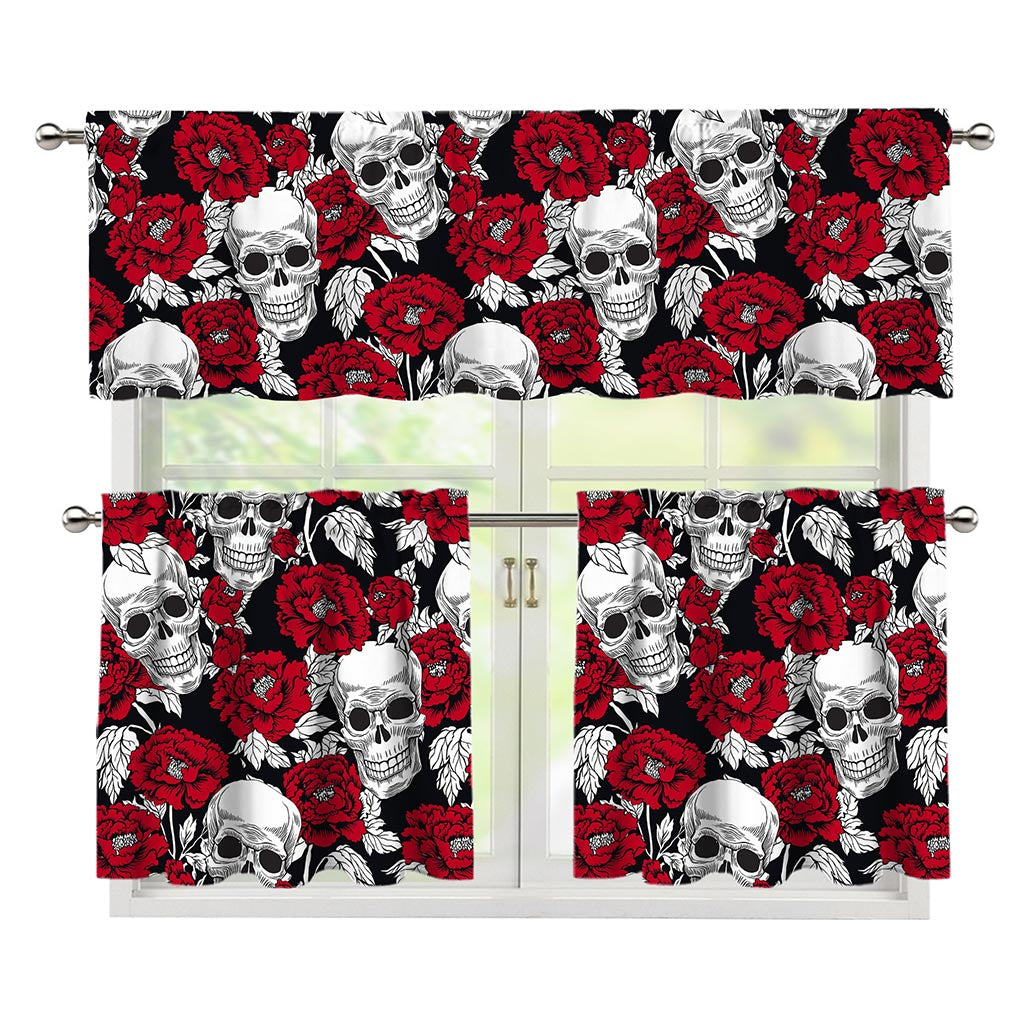 Red Peony Skull Pattern Print 3 Piece Kitchen Curtains