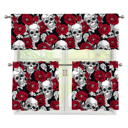 Red Peony Skull Pattern Print 3 Piece Kitchen Curtains