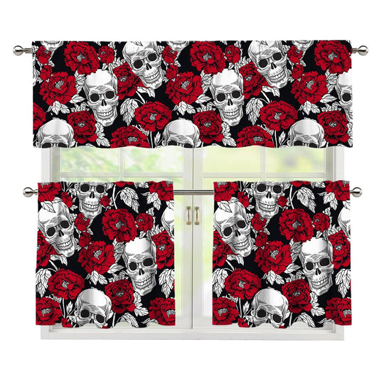 Red Peony Skull Pattern Print 3 Piece Kitchen Curtains