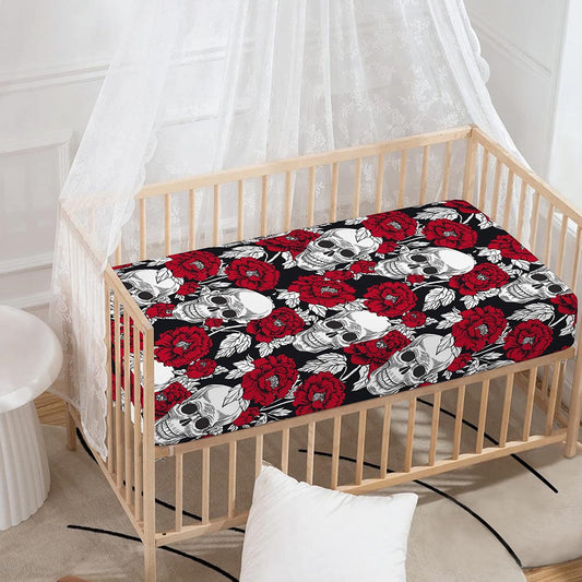 Red Peony Skull Pattern Print Baby Crib Sheet