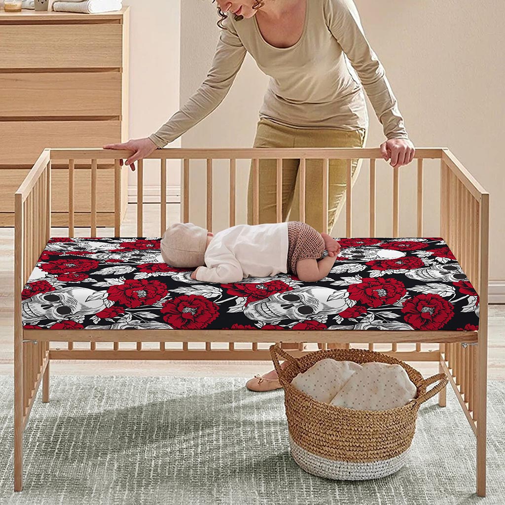 Red Peony Skull Pattern Print Baby Crib Sheet