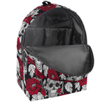 Red Peony Skull Pattern Print Backpack