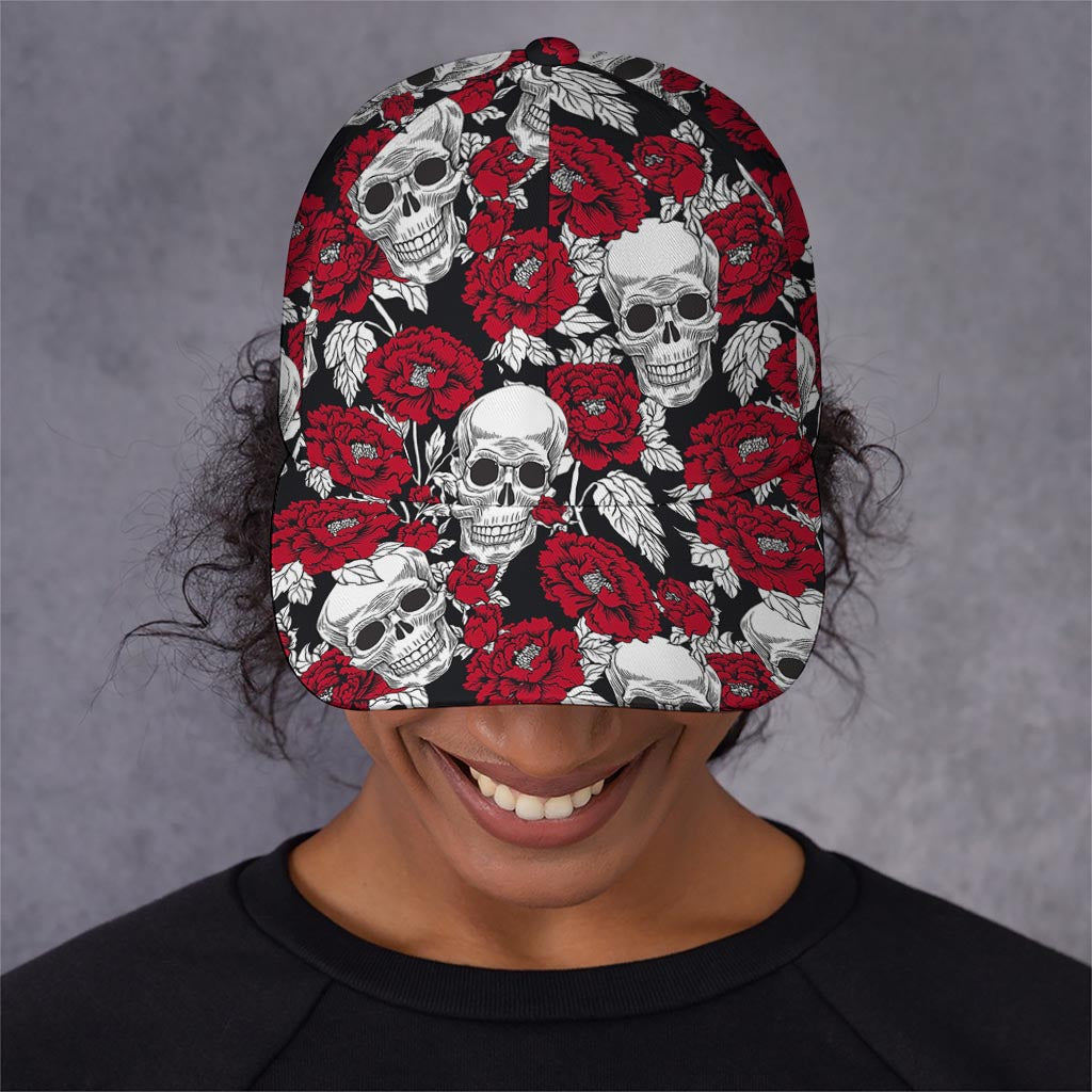 Red Peony Skull Pattern Print Baseball Cap