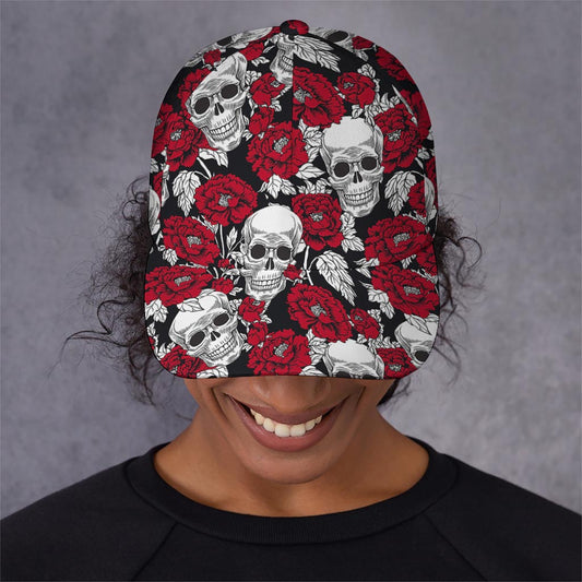 Red Peony Skull Pattern Print Baseball Cap