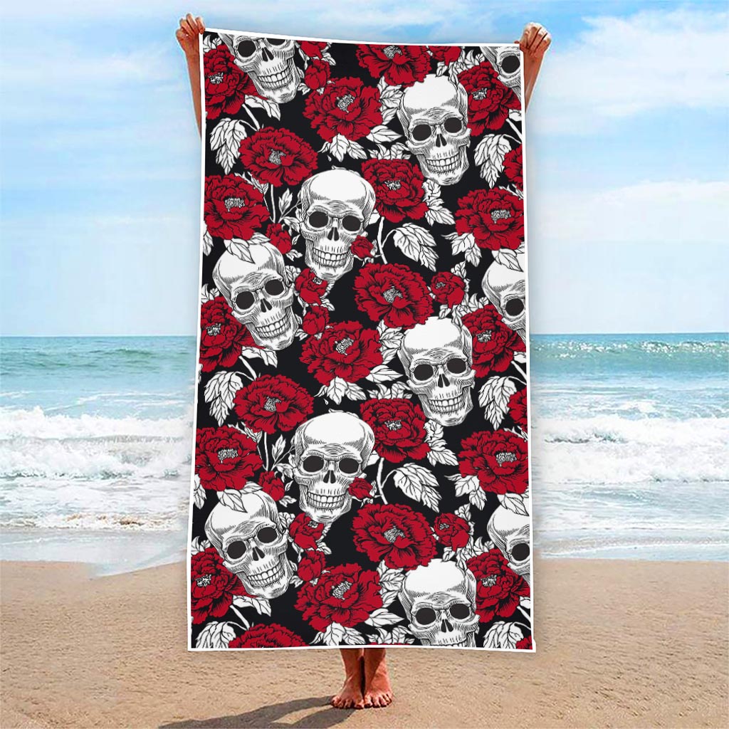 Red Peony Skull Pattern Print Beach Towel