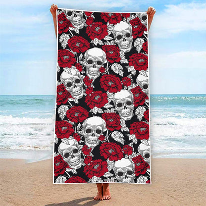 Red Peony Skull Pattern Print Beach Towel