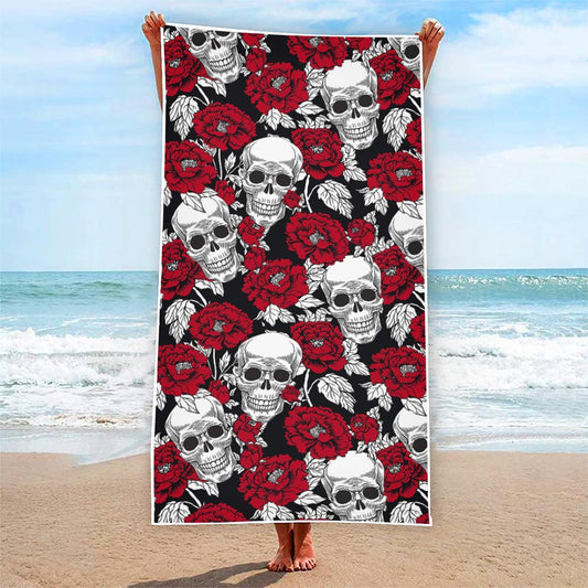 Red Peony Skull Pattern Print Beach Towel