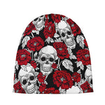 Red Peony Skull Pattern Print Beanie