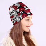 Red Peony Skull Pattern Print Beanie