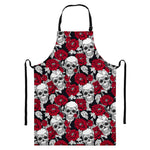 Red Peony Skull Pattern Print Bib Apron With Pocket