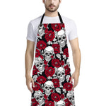 Red Peony Skull Pattern Print Bib Apron With Pocket