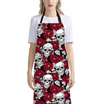 Red Peony Skull Pattern Print Bib Apron With Pocket