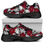 Red Peony Skull Pattern Print Black Chunky Shoes