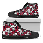 Red Peony Skull Pattern Print Black High Top Sneakers