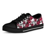 Red Peony Skull Pattern Print Black Low Top Sneakers
