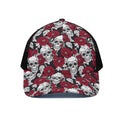 Red Peony Skull Pattern Print Black Mesh Trucker Hat