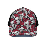 Red Peony Skull Pattern Print Black Mesh Trucker Cap