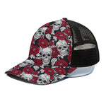 Red Peony Skull Pattern Print Black Mesh Trucker Cap