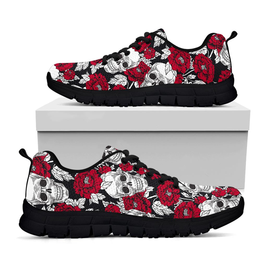 Red Peony Skull Pattern Print Black Running Shoes