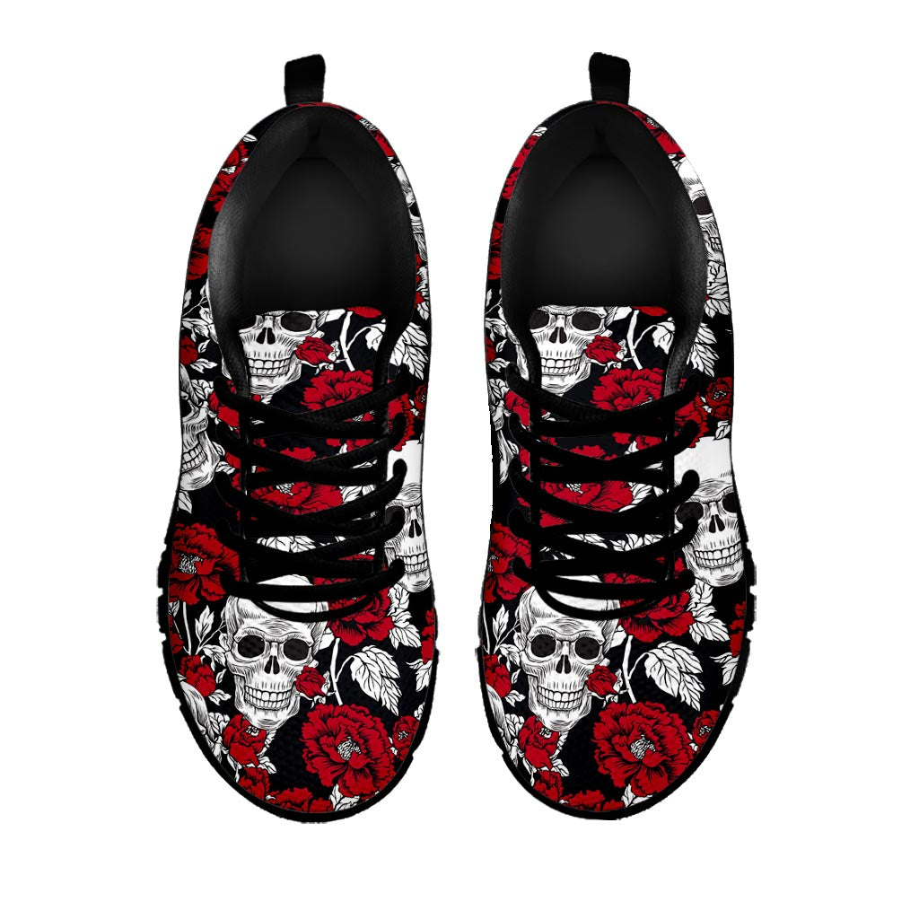 Red Peony Skull Pattern Print Black Running Shoes