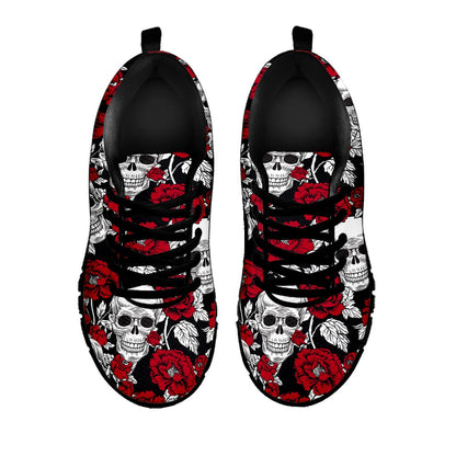 Red Peony Skull Pattern Print Black Running Shoes