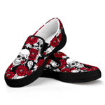 Red Peony Skull Pattern Print Black Slip On Sneakers