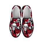 Red Peony Skull Pattern Print Black Slip On Sneakers