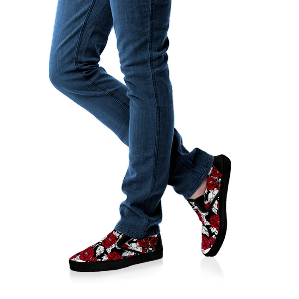 Red Peony Skull Pattern Print Black Slip On Sneakers